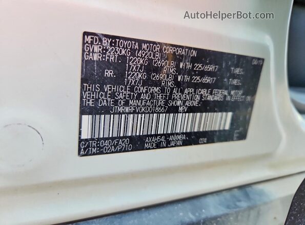JTMRWRFV0KD018667 2019 TOYOTA RAV4 Белый Вид наклейки с VIN-кодом