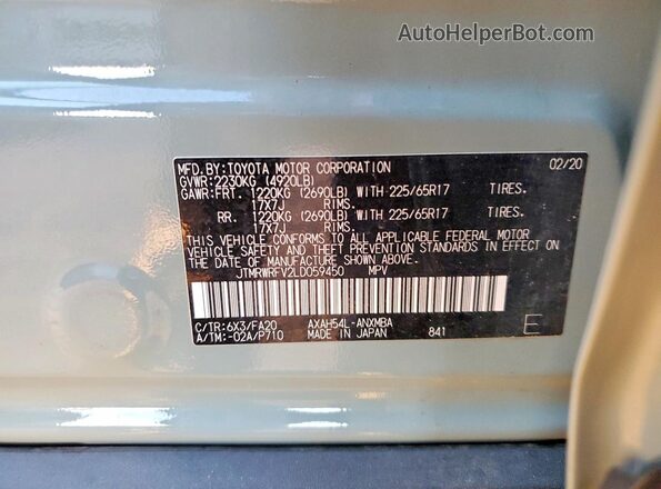 JTMRWRFV2LD059450 2020 TOYOTA RAV4 Серый Вид наклейки с VIN-кодом