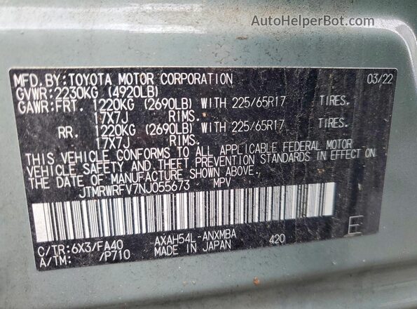 JTMRWRFV7NJ055673 2022 TOYOTA RAV4 Gray VIN sticker view