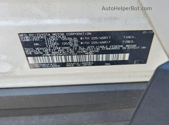 JTMW1RFV6KD017363 2019 TOYOTA RAV White Вид наклейки з VIN-кодом