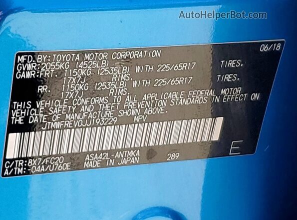 JTMWFREV0JJ193229 2018 TOYOTA RAV4 Blue Вид наклейки з VIN-кодом