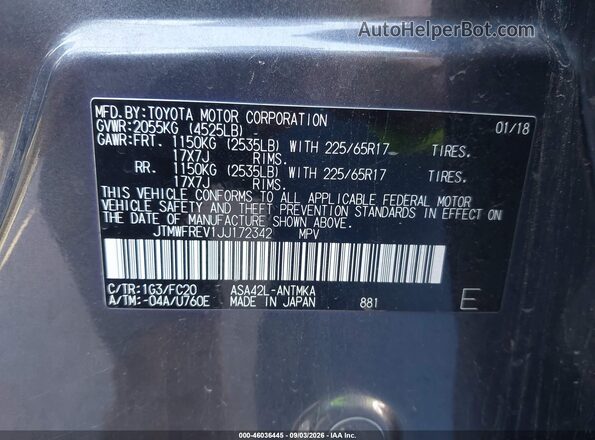 JTMWFREV1JJ172342 2018 TOYOTA RAV4 Gray ძრავის განყოფილების ხედი