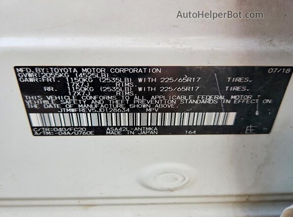 JTMWFREV5JD128634 2018 TOYOTA RAV4 White Vista de la etiqueta del VIN