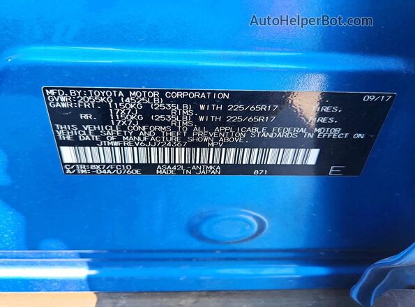 JTMWFREV6JJ724367 2018 TOYOTA RAV4 Синий Вид наклейки с VIN-кодом