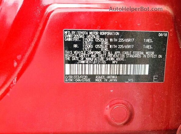 JTMWFREV7JD121765 2018 TOYOTA RAV4 Red VIN կոդի պիտակի տեսք