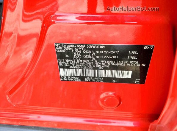 JTMWFREV9HJ142693 2017 TOYOTA RAV4 Red VIN sticker view