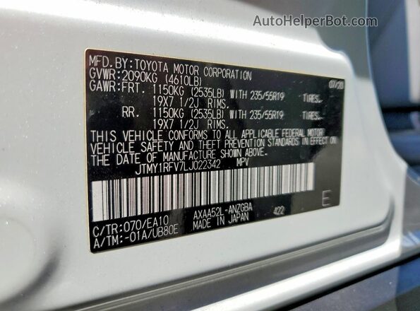 JTMY1RFV7LJ022342 2020 TOYOTA RAV4 Белый Вид наклейки с VIN-кодом
