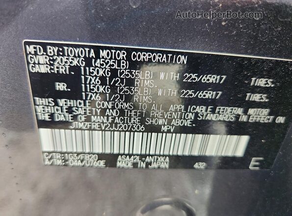 JTMZFREV2JJ207306 2018 TOYOTA RAV4 Gray Вид наклейки з VIN-кодом
