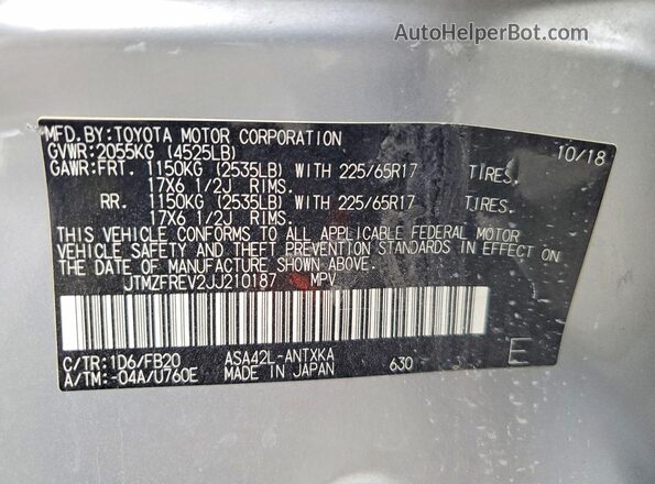JTMZFREV2JJ210187 2018 TOYOTA RAV4 Silver VIN կոդի պիտակի տեսք