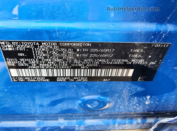 JTMZFREV5HJ124947 2017 TOYOTA RAV4 Blue Vista de la etiqueta del VIN