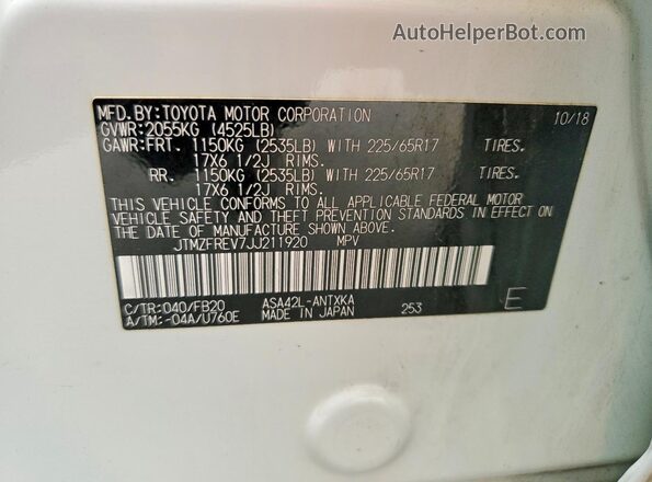 JTMZFREV7JJ211920 2018 TOYOTA RAV4 White VIN կոդի պիտակի տեսք