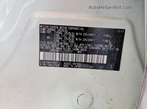JTMZFREV7JJ732572 2018 TOYOTA RAV4 Белый Вид наклейки с VIN-кодом