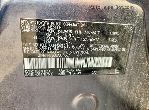 JTMZFREV8GD084067 2016 TOYOTA RAV4 Charcoal Vista de la etiqueta del VIN