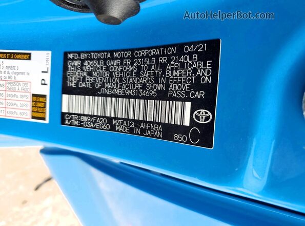 JTNB4MBE9M3134695 2021 TOYOTA COROLLA Blue VIN կոդի պիտակի տեսք