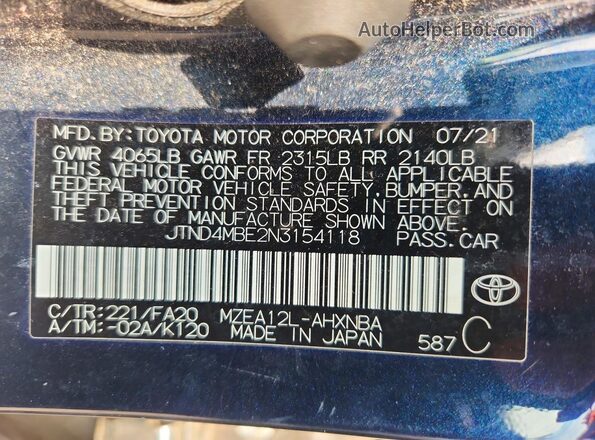 JTND4MBE2N3154118 2022 TOYOTA COROLLA Teal Widok komory silnika