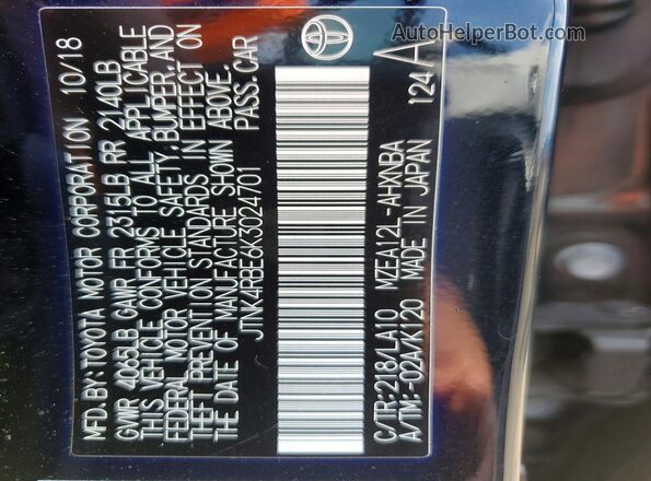 JTNK4RBE6K3024701 2019 TOYOTA COROLLA Black VIN sticker view