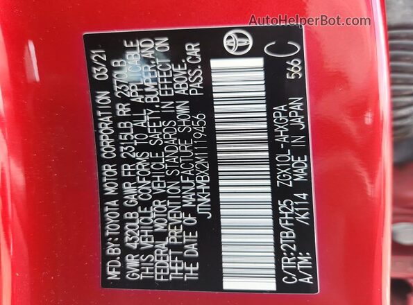 JTNKHMBX2M1119456 2021 TOYOTA C-HR Red Widok naklejki z numerem VIN