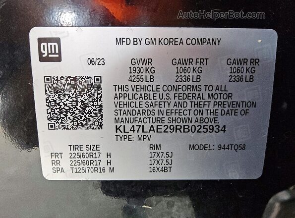 KL47LAE29RB025934 2024 BUICK OTHER Black VIN კოდის სტიკერის ხედი