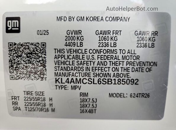 KL4AMCSL6SB185092 2025 BUICK ENCORE Белый Вид наклейки с VIN-кодом