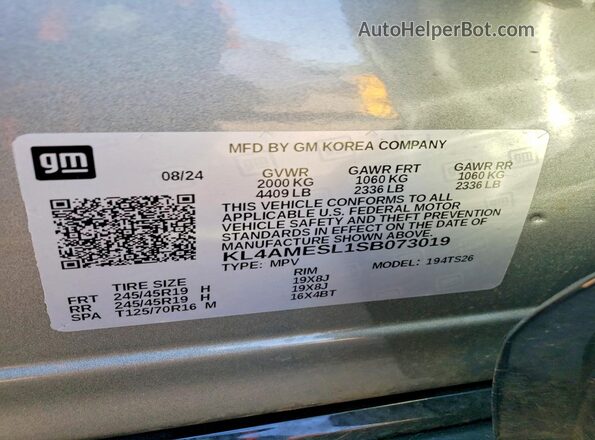 KL4AMESL1SB073019 2025 BUICK ENCORE Silver Widok naklejki z numerem VIN