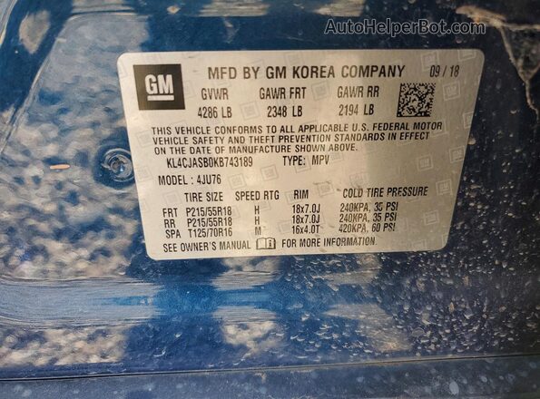 KL4CJASB0KB743189 2019 BUICK ENCORE Синий Вид наклейки с VIN-кодом
