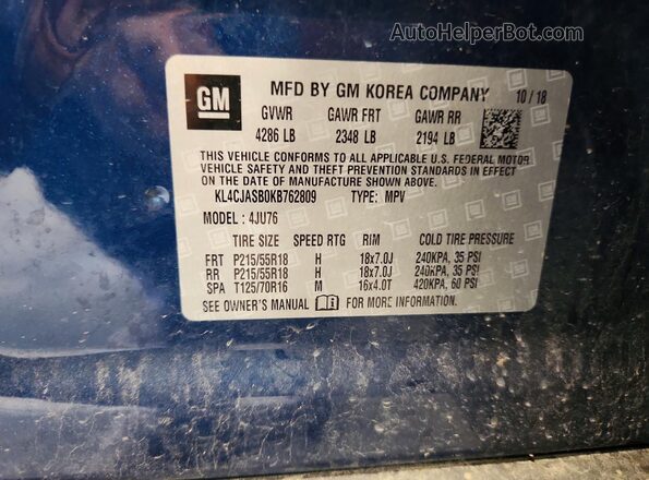 KL4CJASB0KB762809 2019 BUICK ENCORE Синий Вид подкапотного пространства
