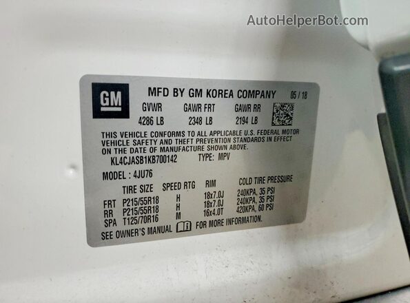 KL4CJASB1KB700142 2019 BUICK ENCORE Белый Вид наклейки с VIN-кодом