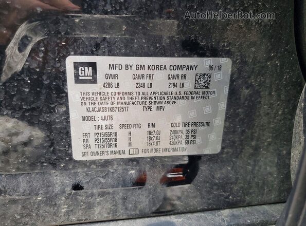 KL4CJASB1KB712517 2019 BUICK ENCORE Black Widok naklejki z numerem VIN