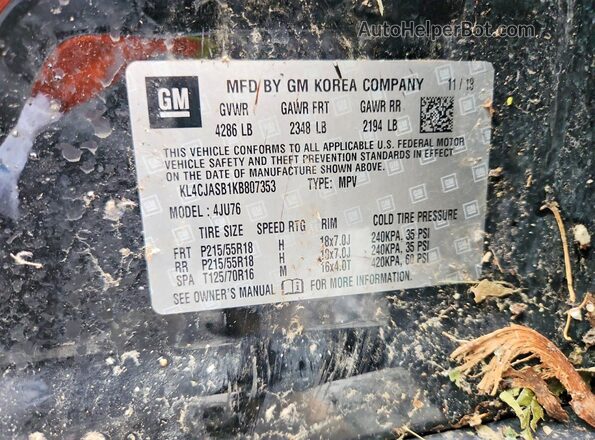 KL4CJASB1KB807353 2019 BUICK ENCORE Black Vista de la etiqueta del VIN