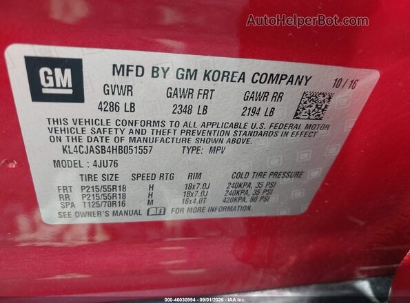 KL4CJASB4HB051557 2017 BUICK ENCORE Red Widok komory silnika