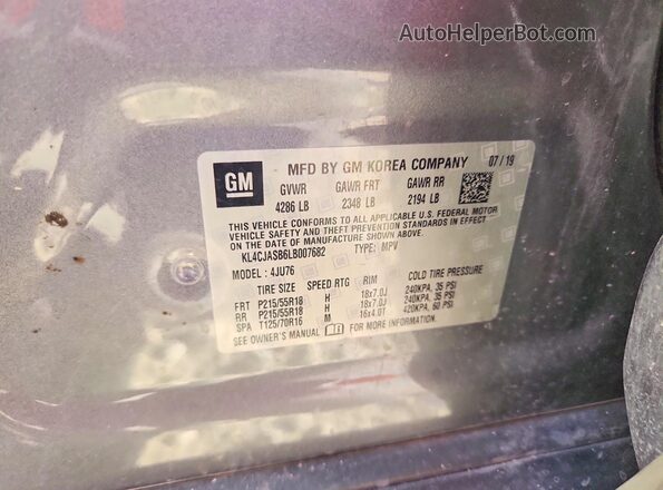 KL4CJASB6LB007682 2020 BUICK ENCORE Угольный Вид наклейки с VIN-кодом