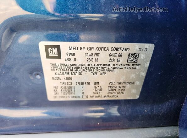 KL4CJASB6LB050175 2020 BUICK ENCORE Синий Вид наклейки с VIN-кодом