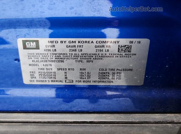 KL4CJASB7HB013286 2017 BUICK ENCORE Blue Vista de la etiqueta del VIN