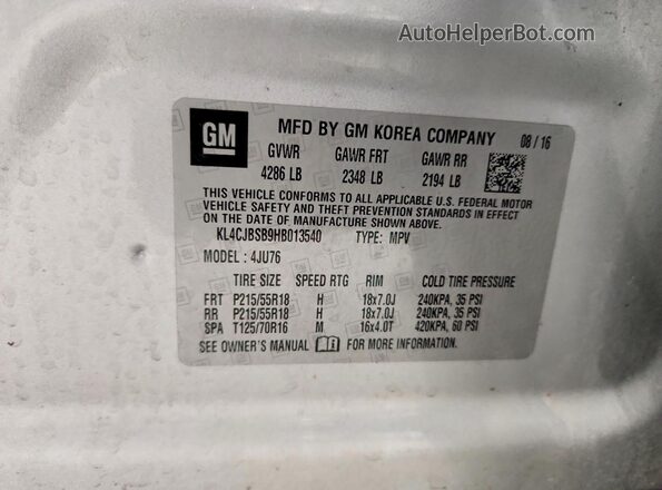 KL4CJBSB9HB013540 2017 BUICK ENCORE Серебряный Вид наклейки с VIN-кодом