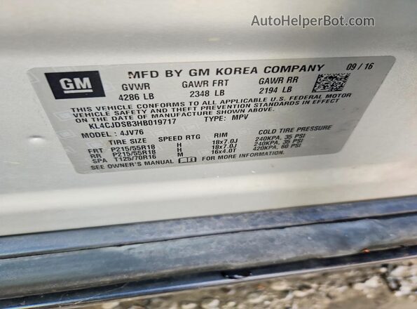KL4CJDSB3HB019717 2017 BUICK ENCORE Silver Vista de la etiqueta del VIN
