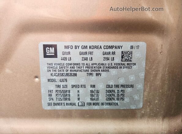 KL4CJESB2JB535398 2018 BUICK ENCORE Tan VIN კოდის სტიკერის ხედი