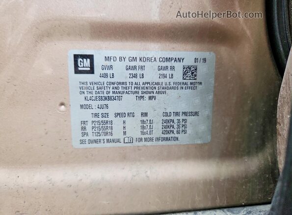 KL4CJESB3KB834707 2019 BUICK ENCORE Tan Widok naklejki z numerem VIN