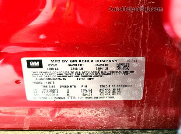 KL4CJESB6HB136715 2017 BUICK ENCORE Красный Вид наклейки с VIN-кодом