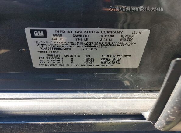 KL4CJGSB5HB043938 2017 BUICK ENCORE Gray Widok naklejki z numerem VIN