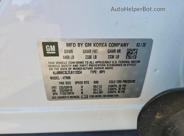 KL4MMCSL2LB112834 2020 BUICK ENCORE White Вид наклейки з VIN-кодом