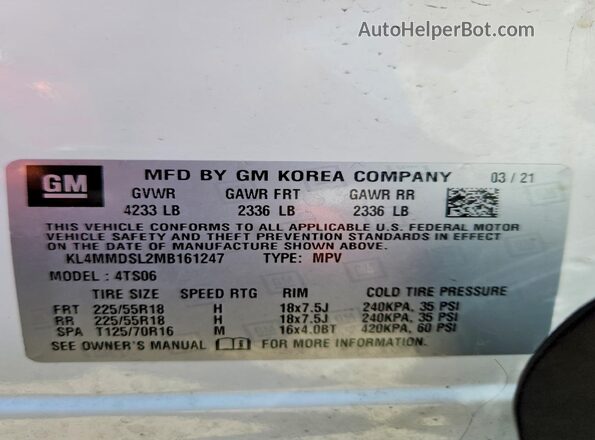 KL4MMDSL2MB161247 2021 BUICK ENCORE White VIN sticker view