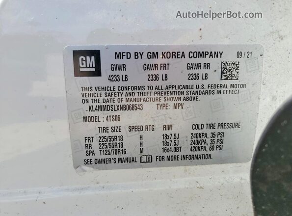 KL4MMDSLXNB068543 2022 BUICK ENCORE White Панорамний вид салону 360°