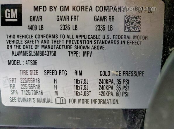 KL4MMESL5MB043750 2021 BUICK ENCORE Blue Вид наклейки з VIN-кодом