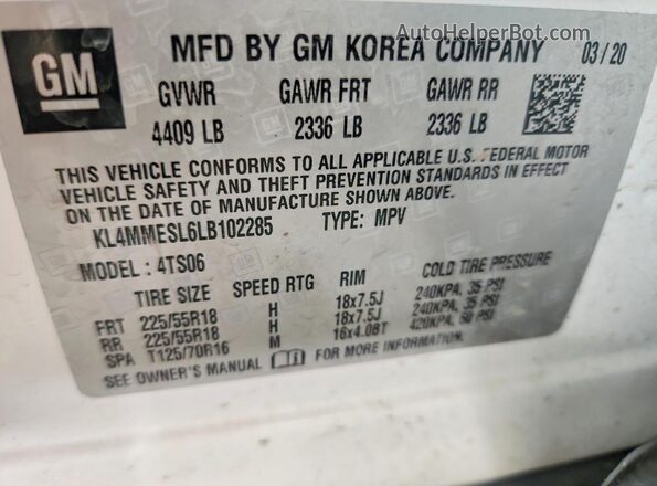 KL4MMESL6LB102285 2020 BUICK ENCORE White Widok naklejki z numerem VIN
