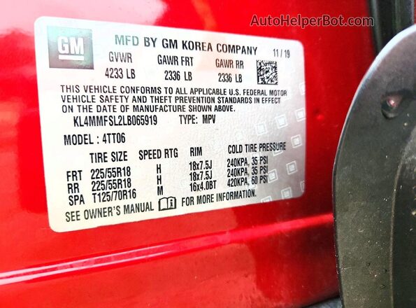 KL4MMFSL2LB065919 2020 BUICK ENCORE Красный Вид наклейки с VIN-кодом
