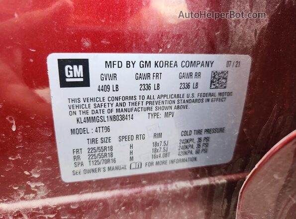 KL4MMGSL1NB038414 2022 BUICK ENCORE Red 360 interior view