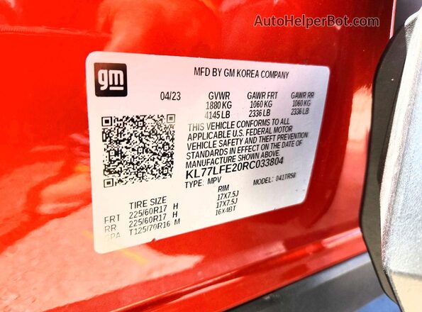 KL77LFE20RC033804 2024 CHEVROLET TRAX Оранжевый Вид наклейки с VIN-кодом