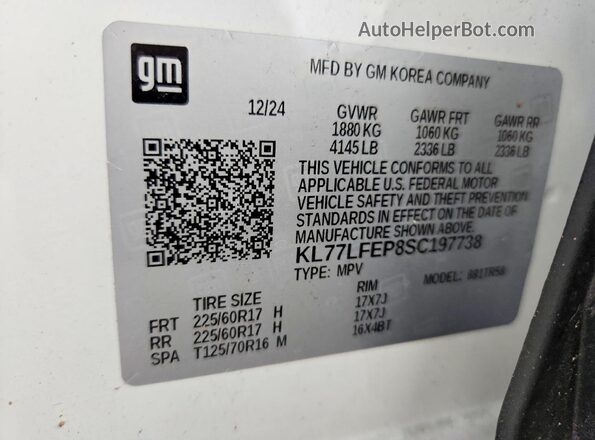 KL77LFEP8SC197738 2025 CHEVROLET TRAX White Vista de la etiqueta del VIN