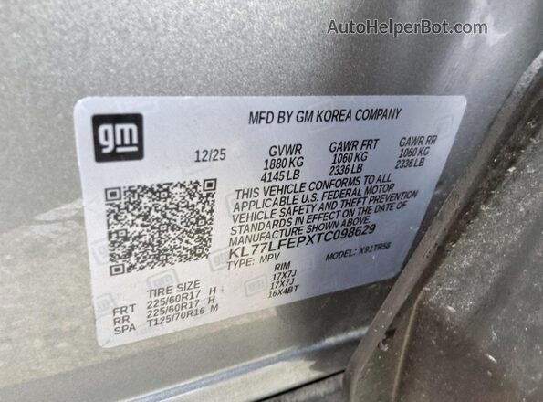 KL77LFEPXTC098629 2026 CHEVROLET TRAX Silver VIN կոդի պիտակի տեսք