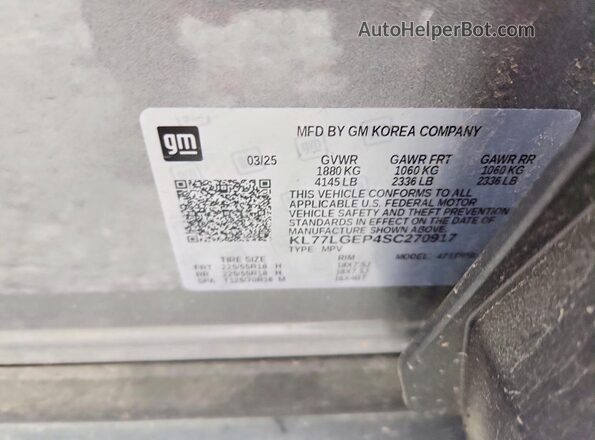 KL77LGEP4SC270917 2025 CHEVROLET TRAX Серый Вид наклейки с VIN-кодом